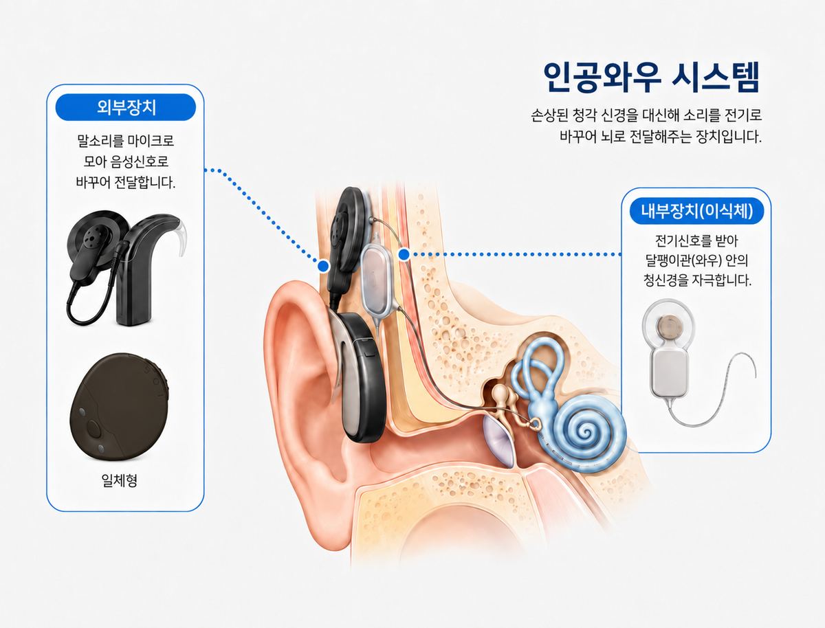 인공와우 시스템 구조도 - 외부장치는 말소리를 마이크로 모아 음성신호로 바꾸어 전달하고, 내부장치(이식체)는 전기신호를 받아 달팽이관(와우) 안의 청신경을 자극합니다.